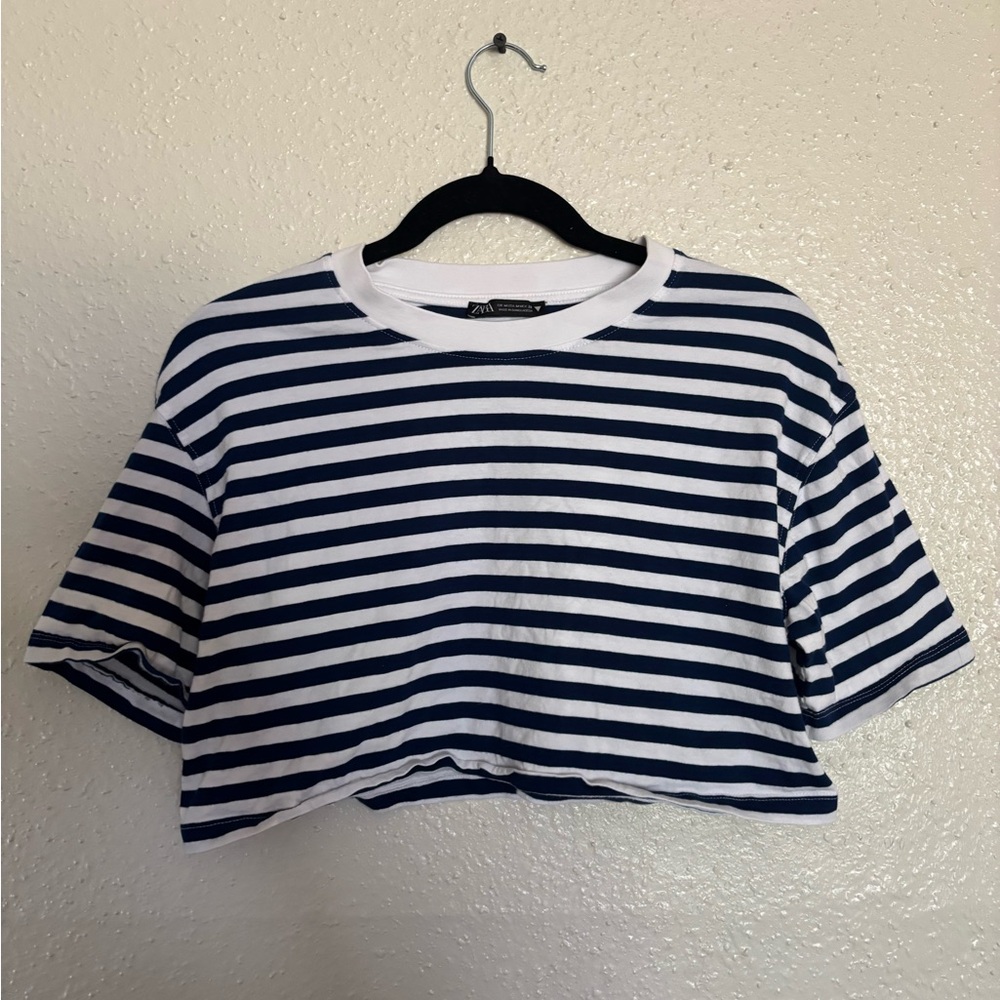 Zara Blue and White Boxy Crop T-Shirt